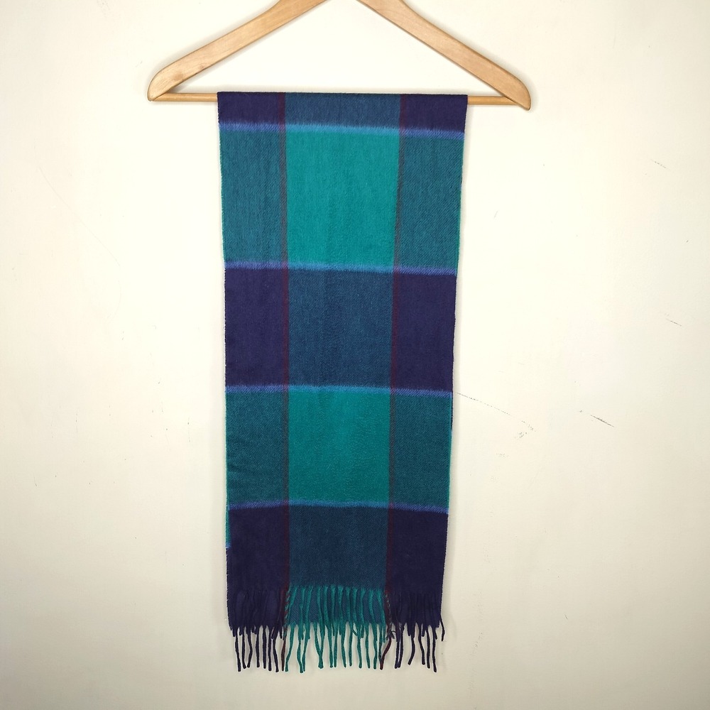Vintage Wool Cashmere Plaid Scarf 56" X  1" Germany Marshall Field's Teal Purple